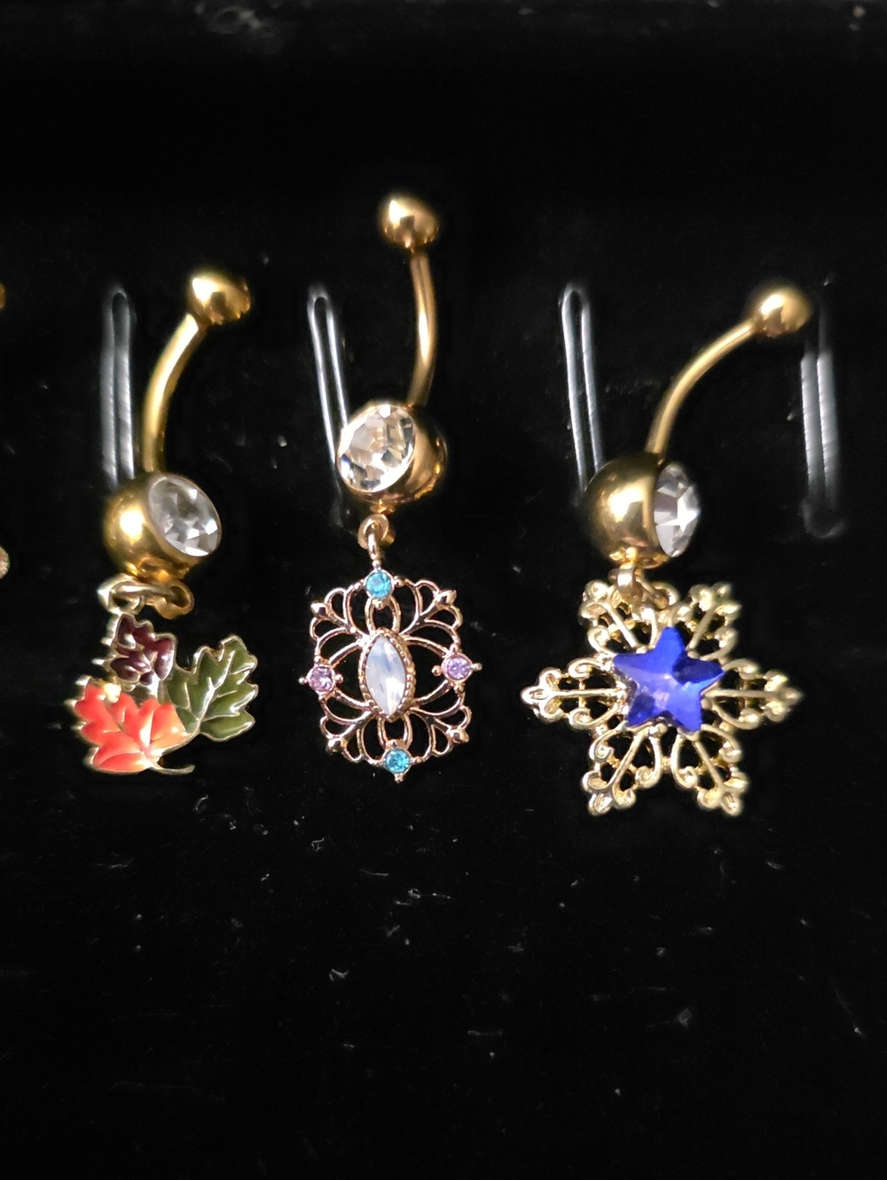 Gold-tone Blue Star,Crystal, and Leaves Belly Ring